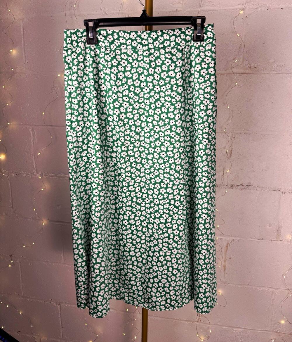 loft women's size s green white floral midi skirt side slit